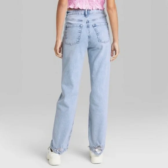 15.Women's Super-High Rise Distressed Straight Jeans - Wild Fable Light Wash - Picture 2 of 7